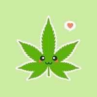 Cute and kawaii smiling happy marijuana weed green leaf face. Vector flat cartoon character illustration icon design. Isolated on color background. marihuana ganja, medical and recreation cannabis