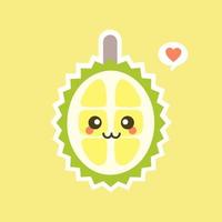 frutas durián divertidas y kawaii. lindo personaje durian con expresión facial y emoji. ilustración vectorial uso para tarjeta, afiche, pancarta, diseño web e impresión en camiseta. fácil de editar vector