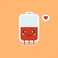 donante de sangre de bolsa o personaje cómico de donación. donar concepto de sangre con bolsa de sangre y carácter cardíaco. ilustración vectorial del día mundial del donante de sangre. vector