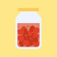 kawaii and cute cherry in jar. Canned fruits. Tinned goods product stuff, preserved food, supplied in a sealed can. Isolated. Vector flat illustration. Flat design style for your mascot branding.