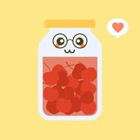 kawaii and cute cherry in jar. Canned fruits. Tinned goods product stuff, preserved food, supplied in a sealed can. Isolated. Vector flat illustration. Flat design style for your mascot branding.