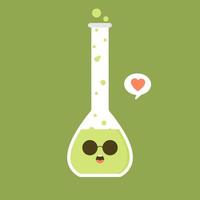 Ilustración de vector de diseño plano químico de matraz volumétrico de carácter kawaii y lindo. experimento científico, elementos de laboratorio de investigación de estilo plano, química, biología, física, farmacéutica, medicina