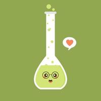 Ilustración de vector de diseño plano químico de matraz volumétrico de carácter kawaii y lindo. experimento científico, elementos de laboratorio de investigación de estilo plano, química, biología, física, farmacéutica, medicina