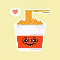 personaje de taza de ramen instantáneo lindo y kawaii en estilo plano. taza de fideos con ilustración de dibujos animados de palillos con emoji y expresión. se puede usar para restaurante, resto, mascota, chino. japonés, asiático vector