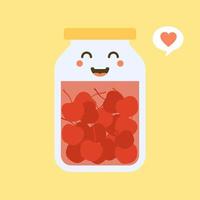 kawaii and cute cherry in jar. Canned fruits. Tinned goods product stuff, preserved food, supplied in a sealed can. Isolated. Vector flat illustration. Flat design style for your mascot branding.