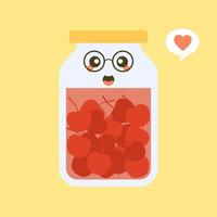 kawaii and cute cherry in jar. Canned fruits. Tinned goods product stuff, preserved food, supplied in a sealed can. Isolated. Vector flat illustration. Flat design style for your mascot branding.
