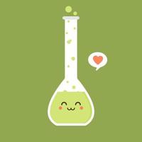 Ilustración de vector de diseño plano químico de matraz volumétrico de carácter kawaii y lindo. experimento científico, elementos de laboratorio de investigación de estilo plano, química, biología, física, farmacéutica, medicina