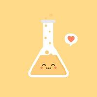 Ilustración de vector de diseño plano de matraz químico erlenmeyer de personaje lindo y kawaii. experimento científico, elementos de laboratorio de investigación de estilo plano, química, biología, física, farmacéutica, medicina