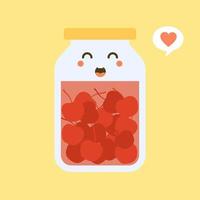 kawaii and cute cherry in jar. Canned fruits. Tinned goods product stuff, preserved food, supplied in a sealed can. Isolated. Vector flat illustration. Flat design style for your mascot branding.