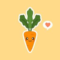 kawaii cute carrot cartoon character. Carrot cartoon in flat style, cute smiling character for healthy food poster, zero waste eco lifestyle, vegetarian eat, restaurant menu, cafe logo, Vegan vector