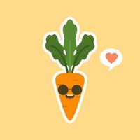 kawaii lindo personaje de dibujos animados de zanahoria. caricatura de zanahoria en estilo plano, lindo personaje sonriente para afiche de comida saludable, estilo de vida ecológico sin desperdicio, comida vegetariana, menú de restaurante, logo de café, vegano