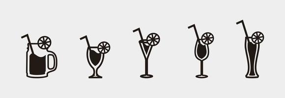 Cocktails drinks glasses with straw - silhouette vector icons set isolated on white