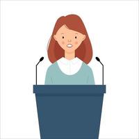 A political woman stands behind the podium. A woman makes a speech. Vector flat illustration