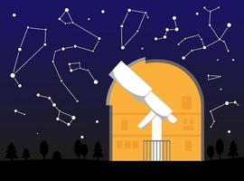 Vector illustration with observatory, night sky and constellations. Telescope in observatory. Astronomy.