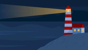 Night landscape with red lighthouse and sea in flat style. The lighthouse shines in the night. Scenery with sea and mountain. vector