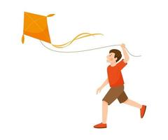 The cute boy in a red T-shirt runs after the kite. Boy flying a kite isolated on a white background. vector