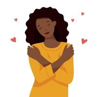 The african american girl hugs herself by the shoulders. A woman loves her body and takes care of herself. Love yourself concept. Self care. vector