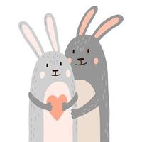 Two cute gray bunnies or rabbits are hugging and holding a heart. Valentines day. vector