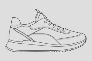 vector de dibujo de contorno de zapatillas de deporte, zapatillas dibujadas en un estilo de boceto, contorno de plantilla de zapatillas de deporte de línea negra, ilustración vectorial.