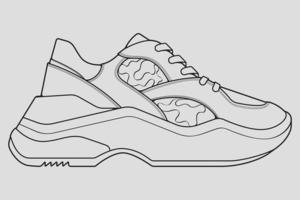 Shoes sneaker outline drawing vector, Sneakers drawn in a sketch style, black line sneaker trainers template outline, vector Illustration.