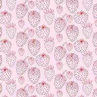 Seamless vector pattern with cute hand drawn strawberries. White line objects on pink background. Summer fruit texture for wrapping paper, invitation, gift, fabric, wallpaper, textile, print, banner.