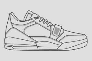 vector de dibujo de contorno de zapatillas de deporte, zapatillas dibujadas en un estilo de boceto, contorno de plantilla de zapatillas de deporte de línea negra, ilustración vectorial.