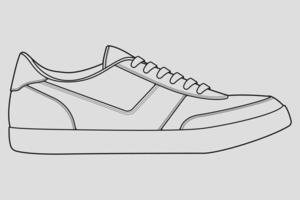 vector de dibujo de contorno de zapatillas de deporte, zapatillas dibujadas en un estilo de boceto, contorno de plantilla de zapatillas de deporte de línea negra, ilustración vectorial.