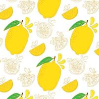 Seamless summer pattern with slices and whole lemons. Vector illustration.