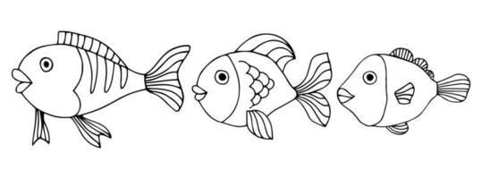 Coral fishes outline set for kids. Coloring book, prints, adults. Cute animal world. vector