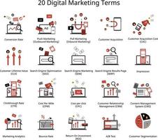 Los 20 términos principales de marketing digital en icono plano para comercializadores vector