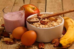 Healthy breakfast on wooden table photo