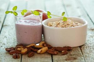 Healthy breakfast on wooden table photo