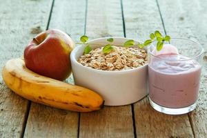 Healthy breakfast on wooden table photo