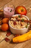 Healthy breakfast on wooden table photo