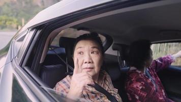 Zwei Senioren zeigen anders mit dem Finger aus Autos und zeigen, wie sie sich an das letzte Mal erinnerten. Ältere Menschen navigieren den Fahrer auf einer Route, um mit Gedankengängen zu gehen, ob es der richtige Weg ist, und verirren sich gemeinsam video