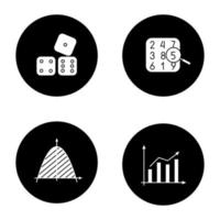 Mathematics glyph icons set. Number theory, statistics, coordinate system, dices. Vector white silhouettes illustrations in black circles