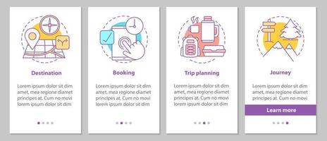 Organización de viajes que incorpora la pantalla de la página de la aplicación móvil con conceptos lineales. instrucciones gráficas de los pasos de planificación del viaje. ux, ui, plantilla vectorial gui con ilustraciones vector