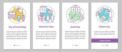 Seasonal holidays onboarding mobile app page screen with linear concepts. Back to school, February 14th, Earth and Father's Days steps graphic. UX, UI, GUI vector template with illustrations