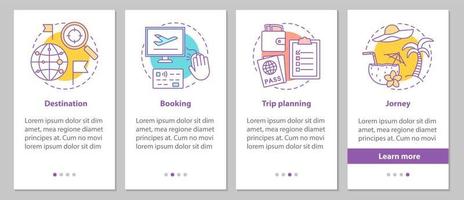 Organización de viajes que incorpora la pantalla de la página de la aplicación móvil con conceptos lineales. instrucciones gráficas de los pasos de planificación del viaje. ux, ui, plantilla vectorial gui con ilustraciones vector