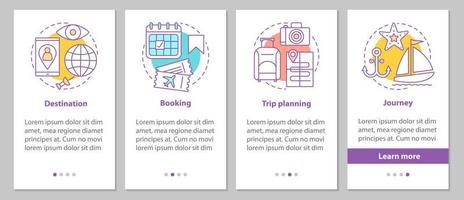 Organización de viajes que incorpora la pantalla de la página de la aplicación móvil con conceptos lineales. instrucciones gráficas de los pasos de planificación del viaje. ux, ui, plantilla vectorial gui con ilustraciones vector