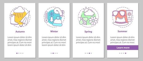 pantalla de la página de la aplicación móvil de incorporación de cuatro estaciones con conceptos lineales. invierno, otoño, primavera, verano pasos instrucciones gráficas. ux, ui, plantilla vectorial gui con ilustraciones vector