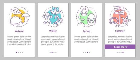 Four seasons onboarding mobile app page screen with linear concepts. Winter, autumn, spring, summer steps graphic instructions. UX, UI, GUI vector template with illustrations