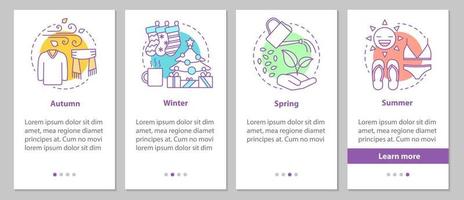 pantalla de la página de la aplicación móvil de incorporación de cuatro estaciones con conceptos lineales. invierno, otoño, primavera, verano pasos instrucciones gráficas. ux, ui, plantilla vectorial gui con ilustraciones vector