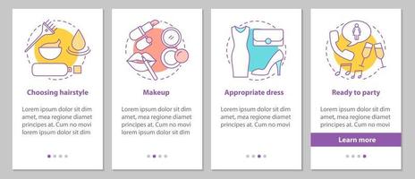 preparándose para la pantalla de la página de la aplicación móvil de incorporación de la fiesta con conceptos. salón de belleza pasos instrucciones gráficas. peinado apropiado, maquillaje, vestido. ux, ui, plantilla vectorial gui con ilustraciones vector