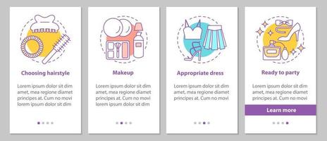 Getting ready for party onboarding mobile app page screen with concepts. Beauty salon steps graphic instructions. Appropriate hairstyle, makeup, dress. UX, UI, GUI vector template with illustrations