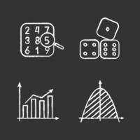 Mathematics chalk icons set. Number theory, statistics, coordinate system, dices. Isolated vector chalkboard illustrations