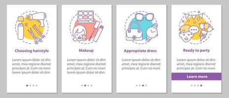 preparándose para la pantalla de la página de la aplicación móvil de incorporación de la fiesta con conceptos. salón de belleza pasos instrucciones gráficas. peinado apropiado, maquillaje, vestido. ux, ui, plantilla vectorial gui con ilustraciones vector