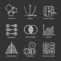 Mathematics chalk icons set. Algebra and geometry. Logic, discrete, elementary maths, statistics, number and probability theories. Isolated vector chalkboard illustrations