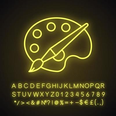 Palette with brush neon light icon. Art logo. Glowing sign with alphabet, numbers and symbols. Vector isolated illustration