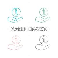 Hand holding info sign hand drawn icons set. Color brush stroke. Helpdesk. Information center. Support. Isolated vector sketchy illustrations